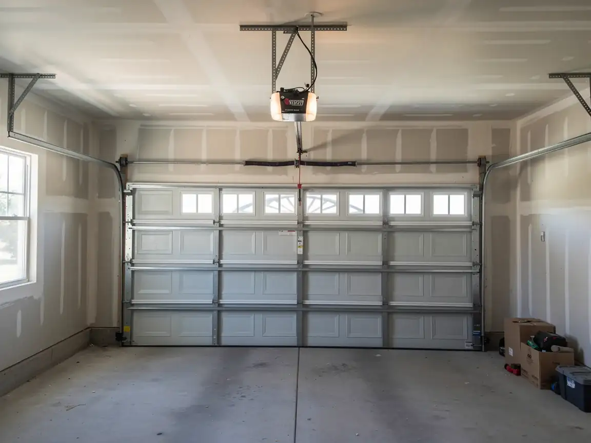 A white garage door is partially open in a garage with drywall.