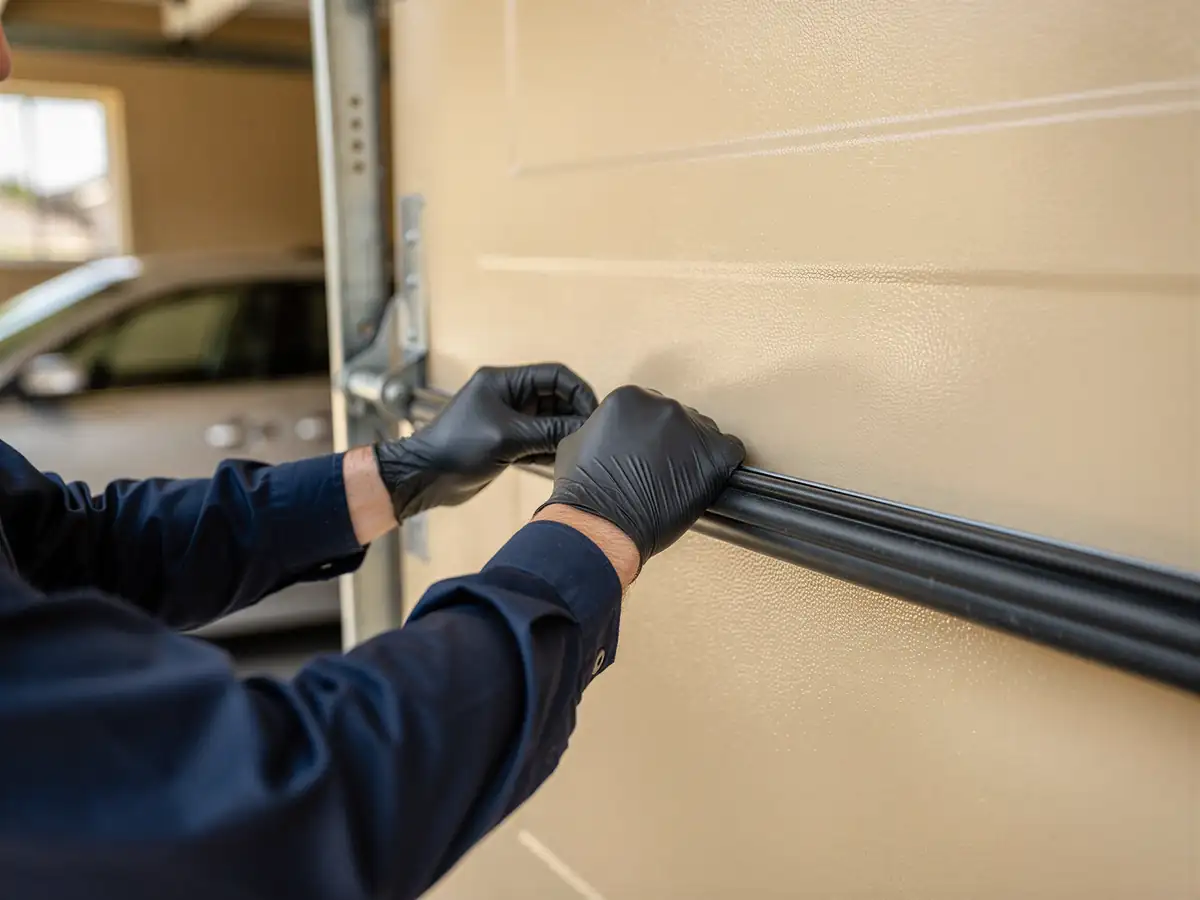A technician wearing black gloves is adjusting a garage door seal.